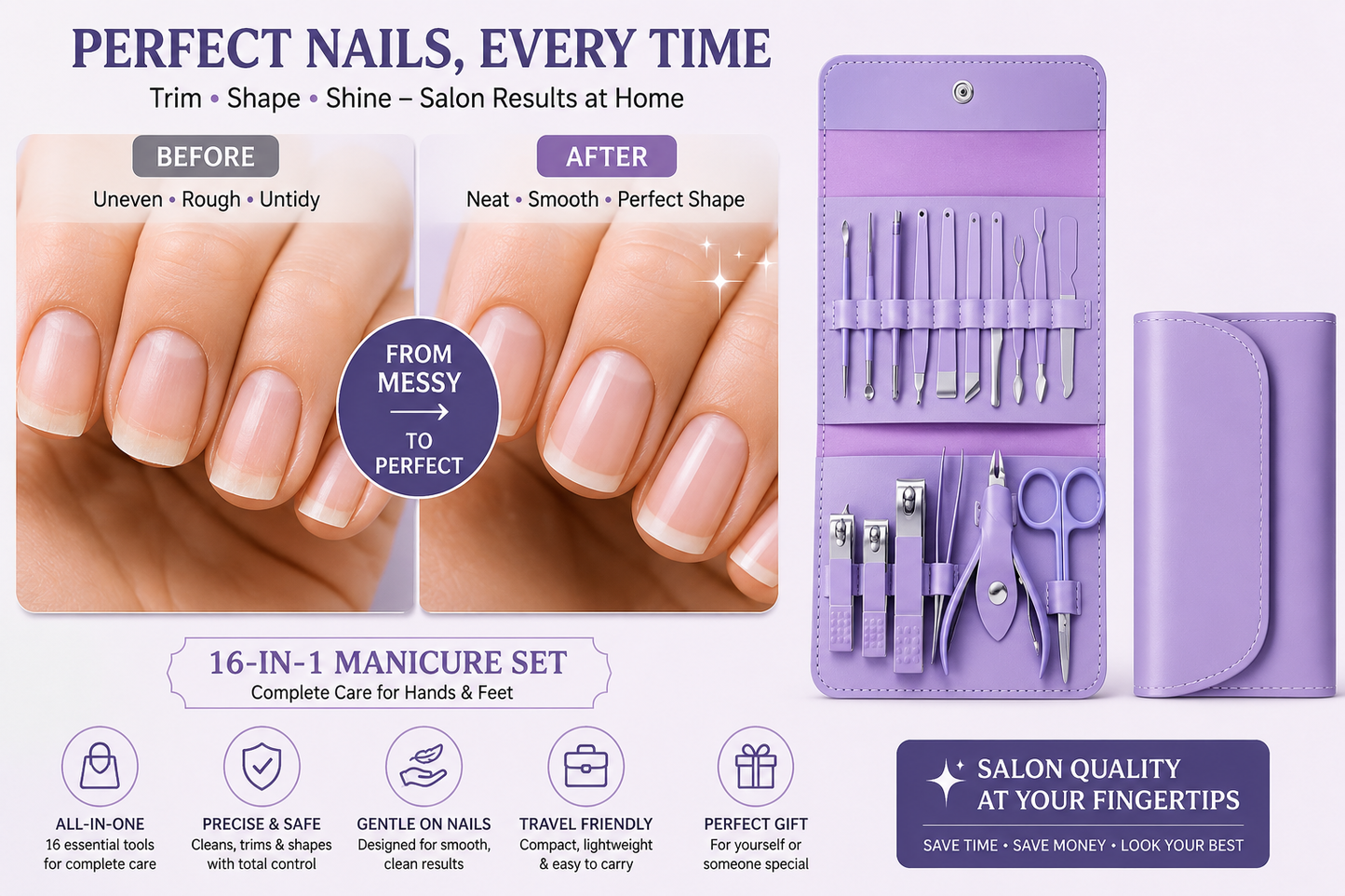 Manicure Set Nail Clipper Kit - 16 Pieces Stainless Steel Manicure Kit - Nail Care Tools for Hand & Feet