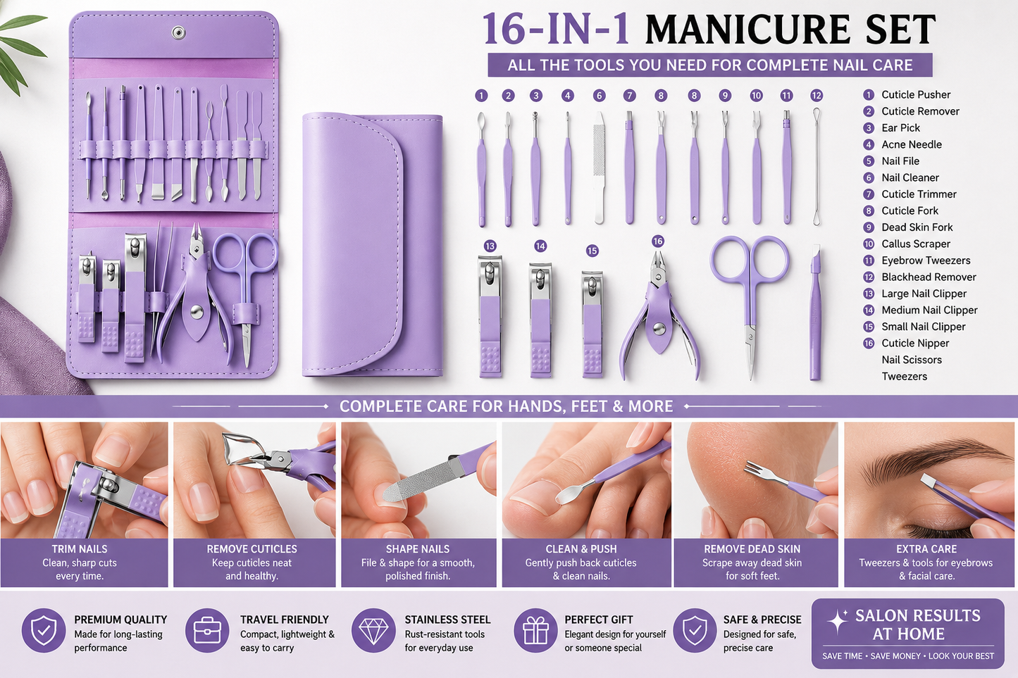 Manicure Set Nail Clipper Kit - 16 Pieces Stainless Steel Manicure Kit - Nail Care Tools for Hand & Feet