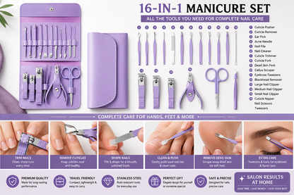Manicure Set Nail Clipper Kit - 16 Pieces Stainless Steel Manicure Kit - Nail Care Tools for Hand & Feet