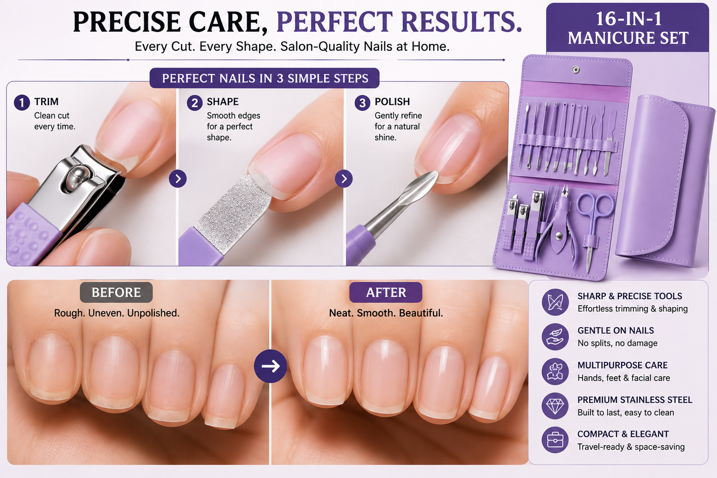 Manicure Set Nail Clipper Kit - 16 Pieces Stainless Steel Manicure Kit - Nail Care Tools for Hand & Feet